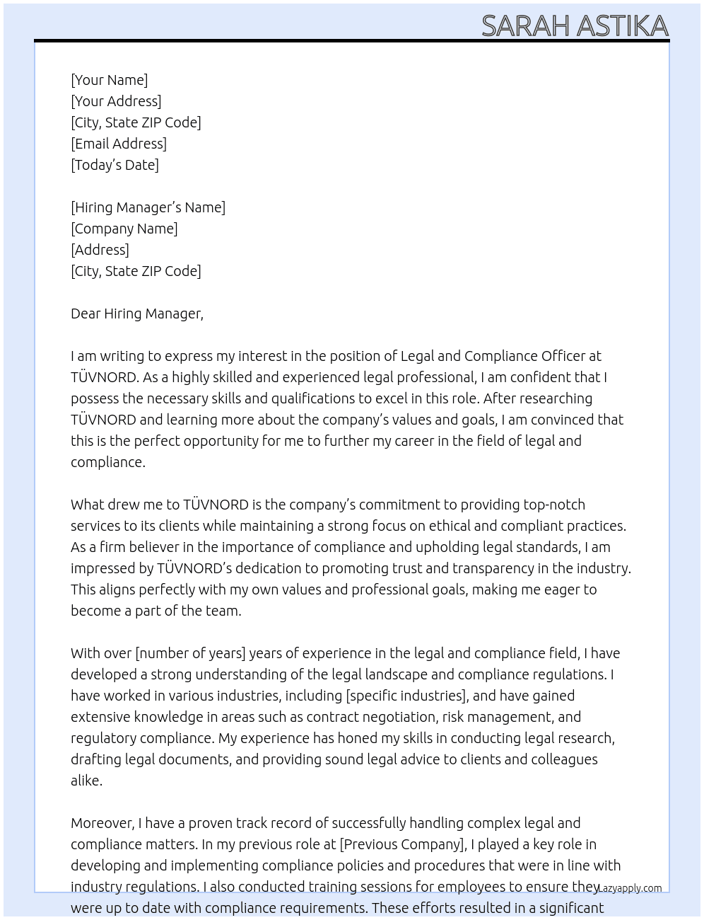 Legal and Compliance Officer At TÜVNORD Cover Letter
