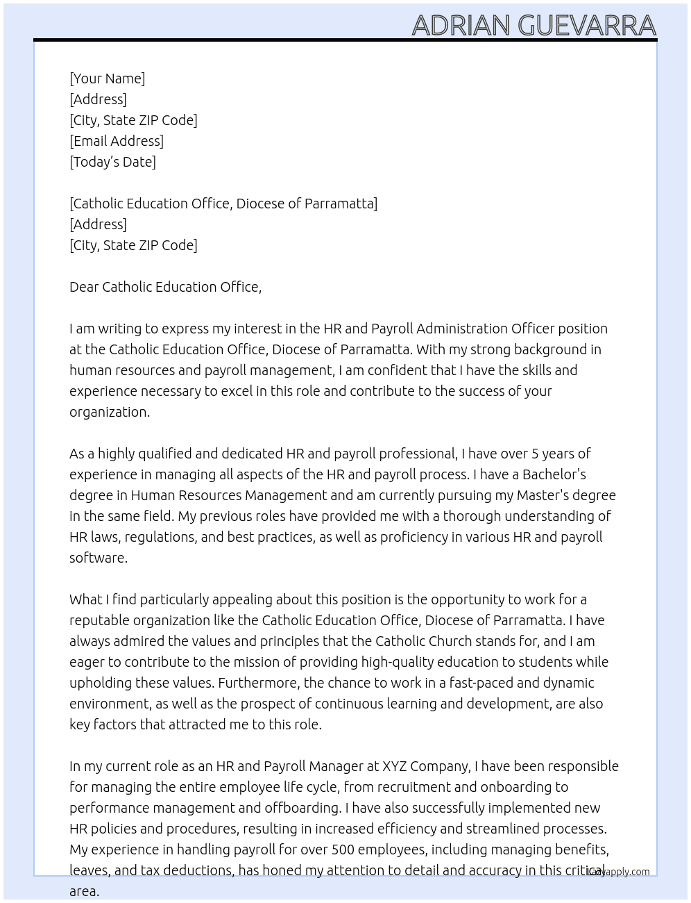 HR and Payroll Administration Officer At Catholic Education Office, Diocese of Parramatta Cover Letter