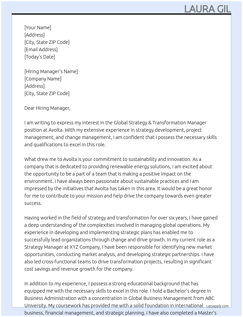 Global Strategy & Transformation Manager At Avolta Cover Letter