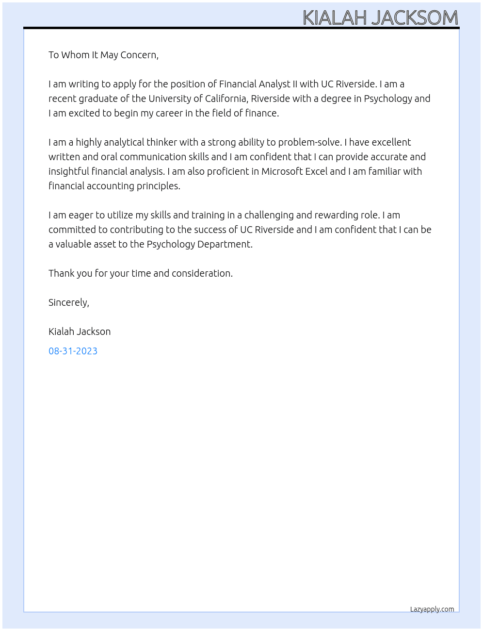 Financial Analyst II At UC Riverside Cover Letter