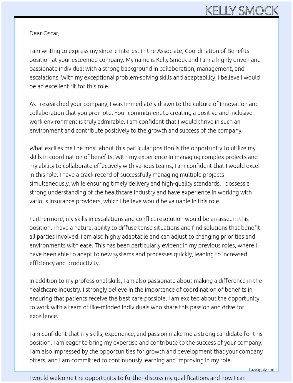 Associate, Coordination of Benefits At Oscar Cover Letter