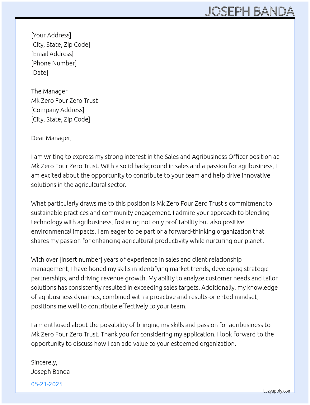 Sales and agribusiness officer At Mk zero four zero trust Cover Letter