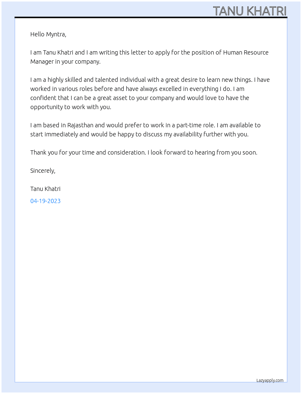 Human resource manager At Myntra Cover Letter