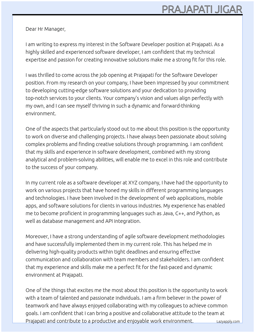 Software developer  At Prajapati Cover Letter