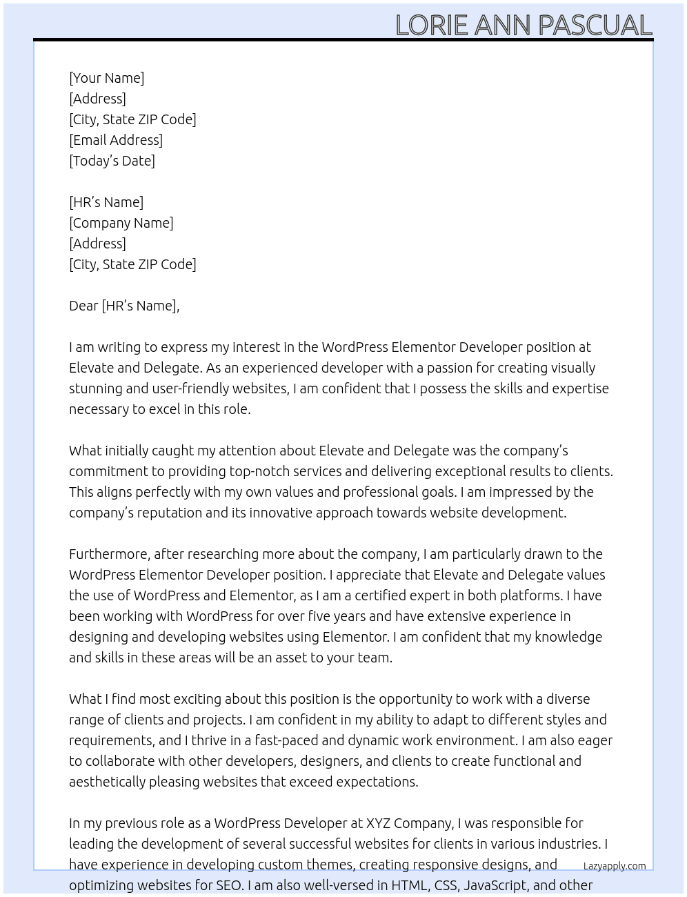 WordPress Elementor Developer At Elevate and Delegate Cover Letter