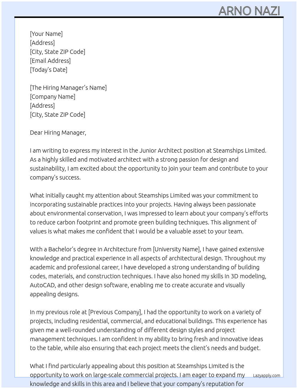 Junior Architect At Steamships Limited  Cover Letter