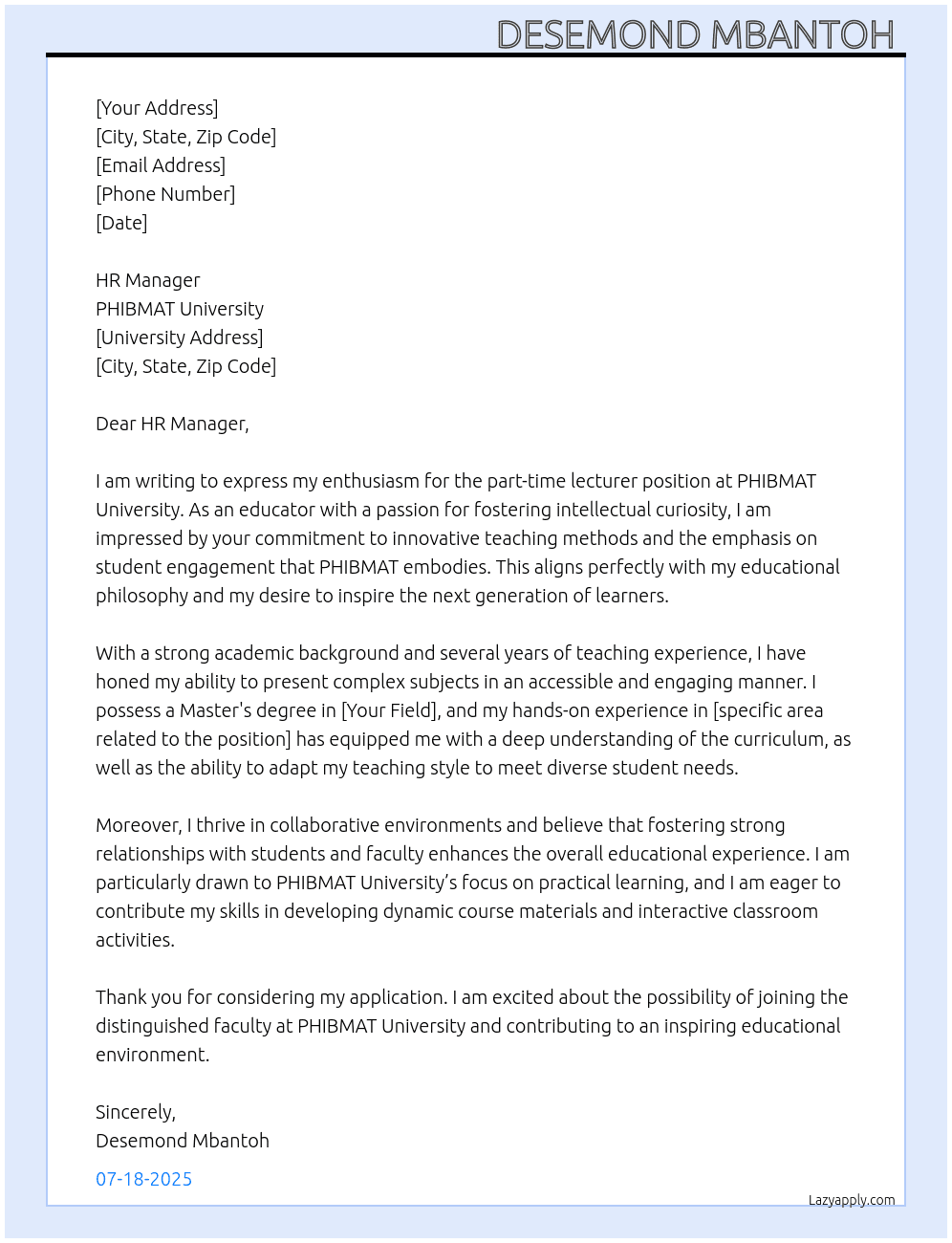 Cover letter for part-time lecturer - LazyApply