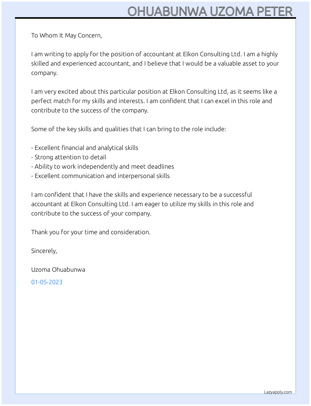 Accountant  At Elkon Consulting Ltd  Cover Letter