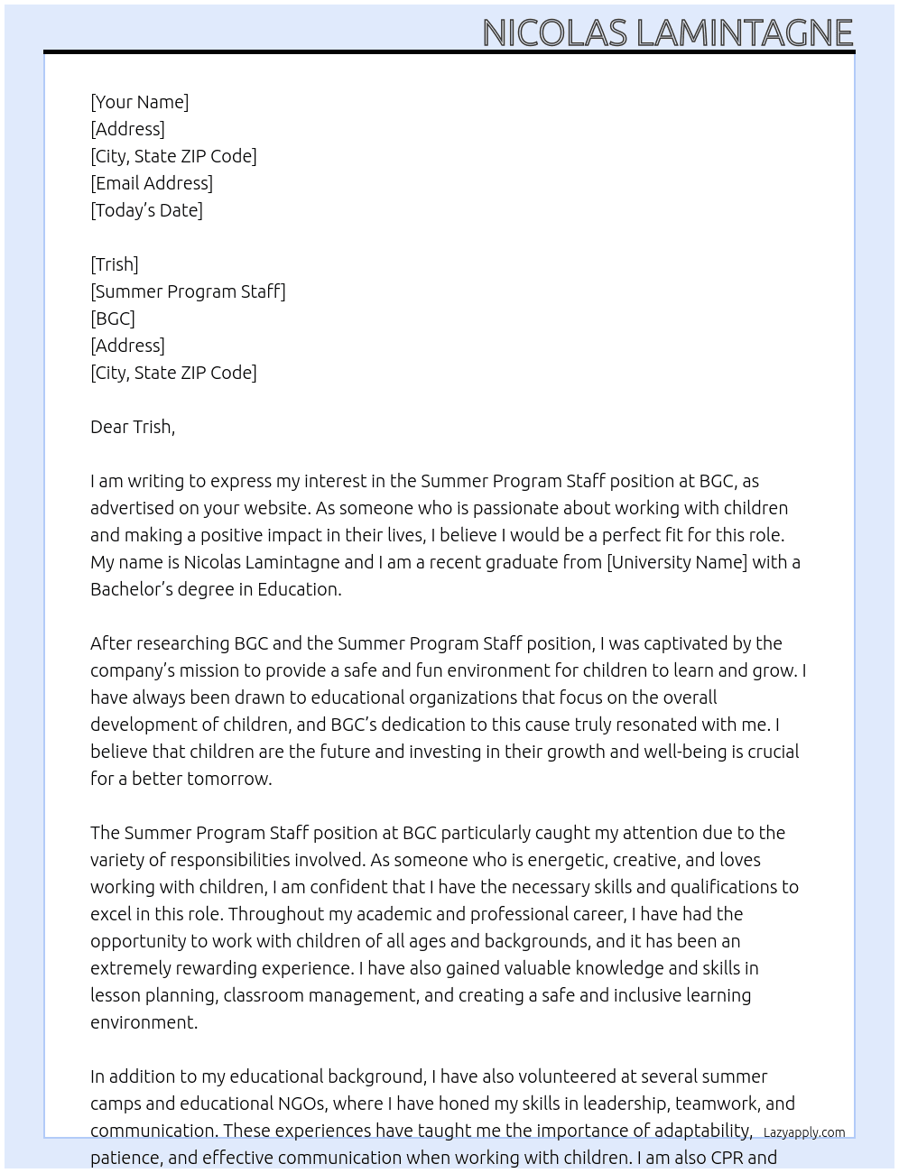 Summer Program Staff At BGC Cover Letter