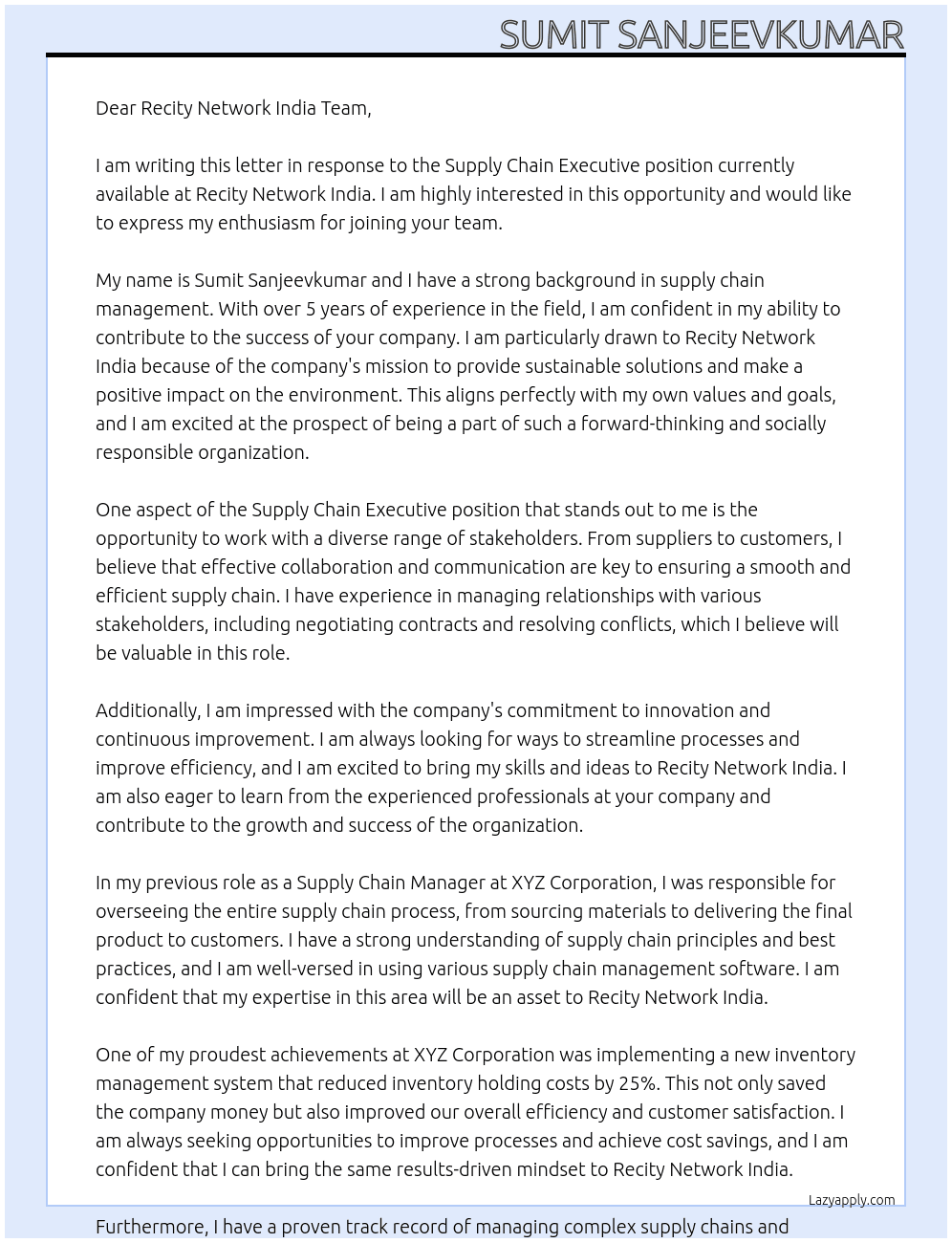 Supply Chain Executive At Recity Network India Cover Letter