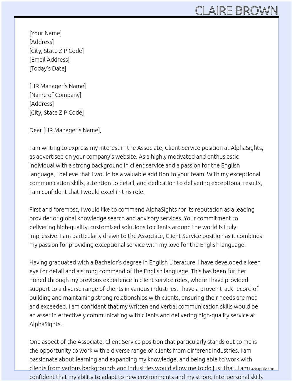 Associate, Client Service, English Speaker, 2024 At AlphaSights Cover Letter