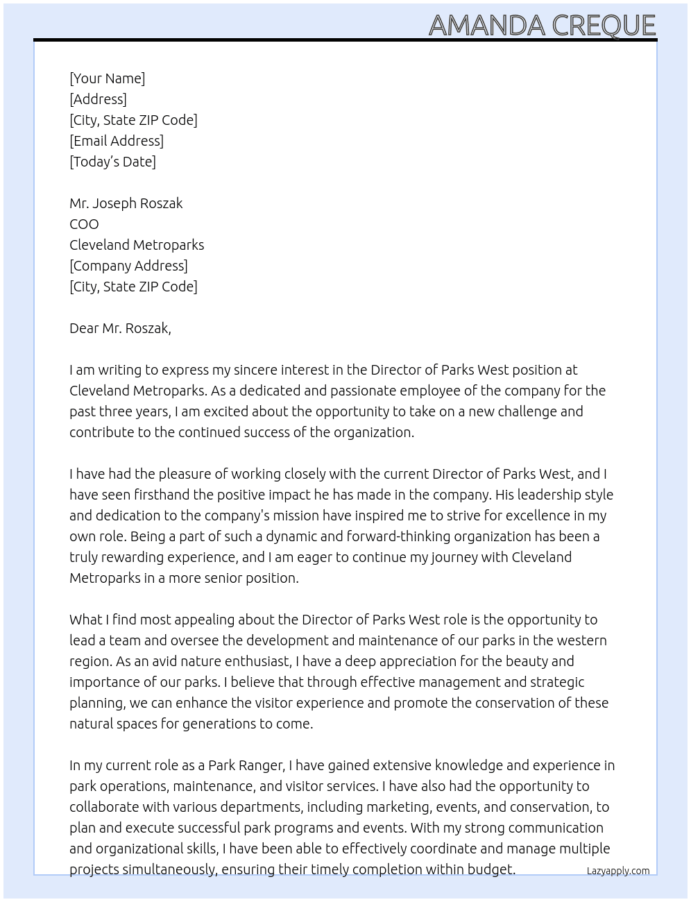 Director of Parks West At Cleveland Metroparks Cover Letter