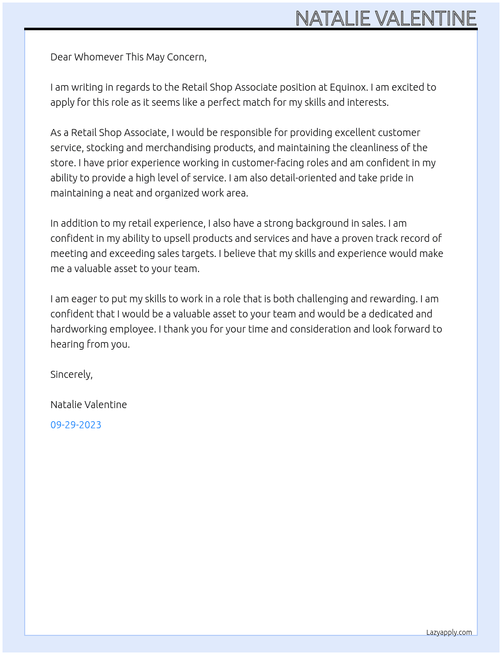 Retail Shop Associate At Equinox Cover Letter