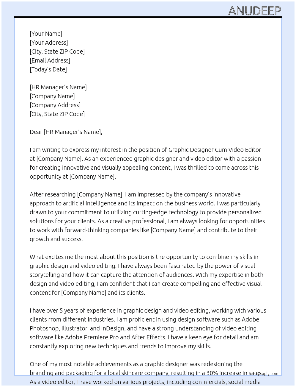 Graphic Designer Cum Video Editor At stryv.ai Cover Letter
