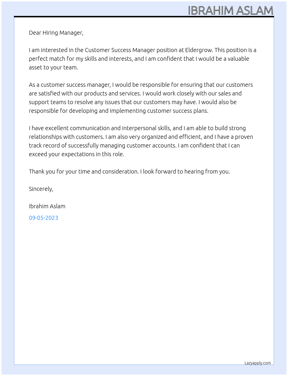 Customer Success Manager At Eldergrow Cover Letter