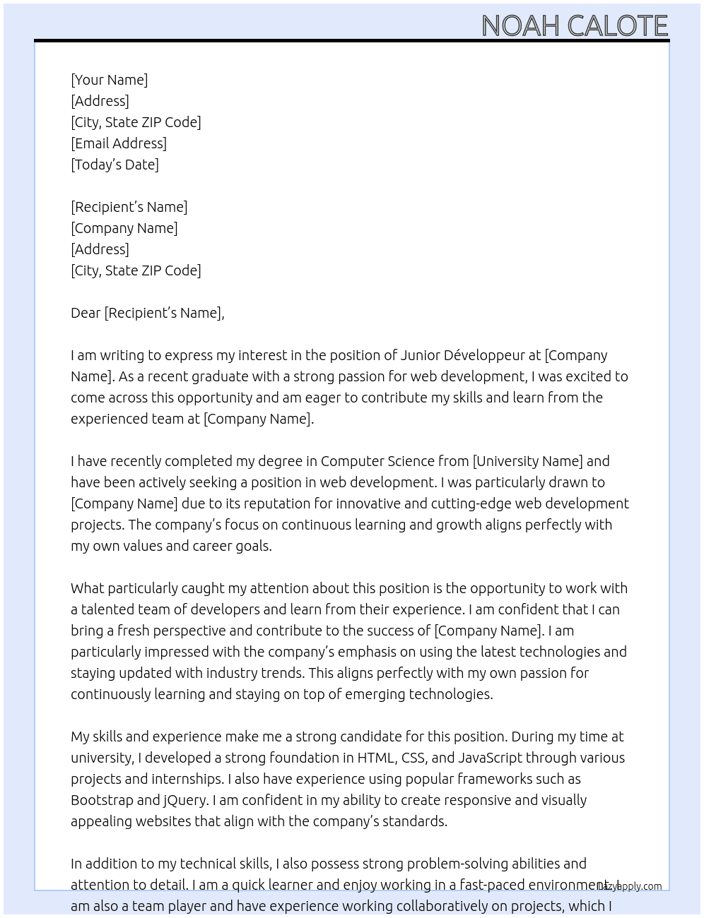 développeur junior At en formation Cover Letter