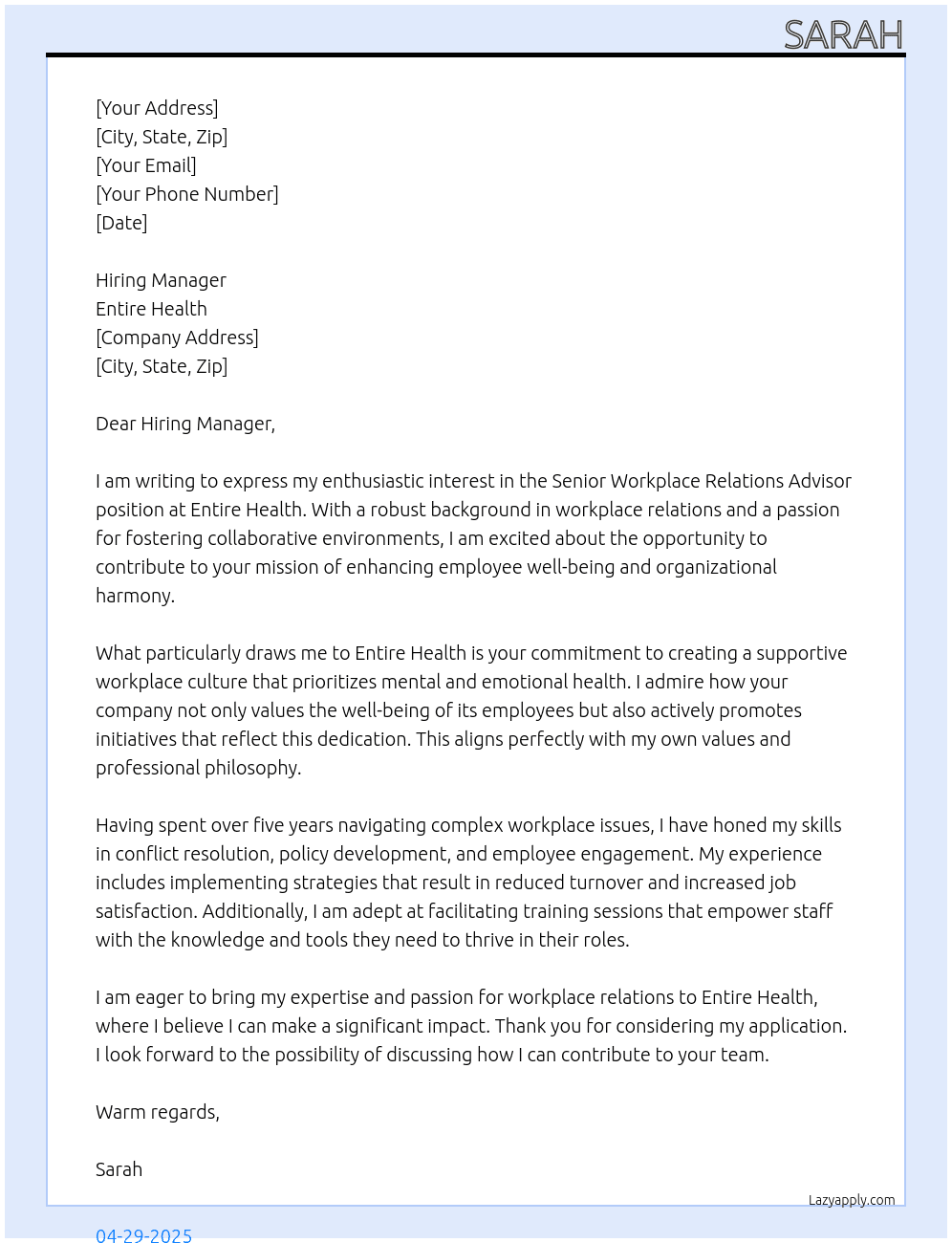Senior Workplace Relations Advisor At Entire Health Cover Letter