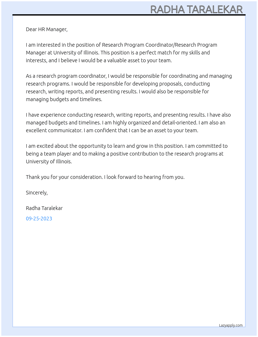 Research Program Coordinator/Research Program Manager At University of Illinois  Cover Letter