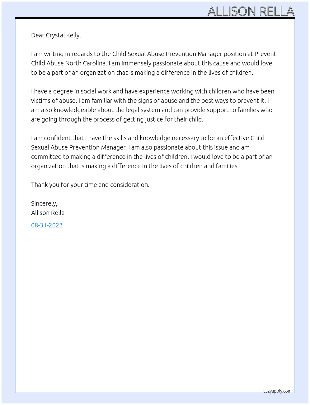 Child Sexual Abuse Prevention Manager At Prevent Child Abuse North Carolina  Cover Letter