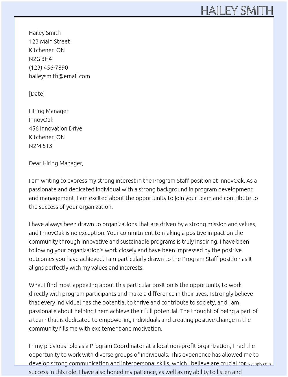 Program Staff At InnovOak Cover Letter