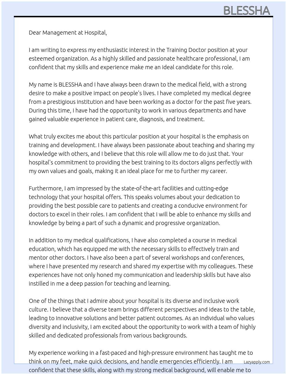 Cover letter for training doctor - LazyApply