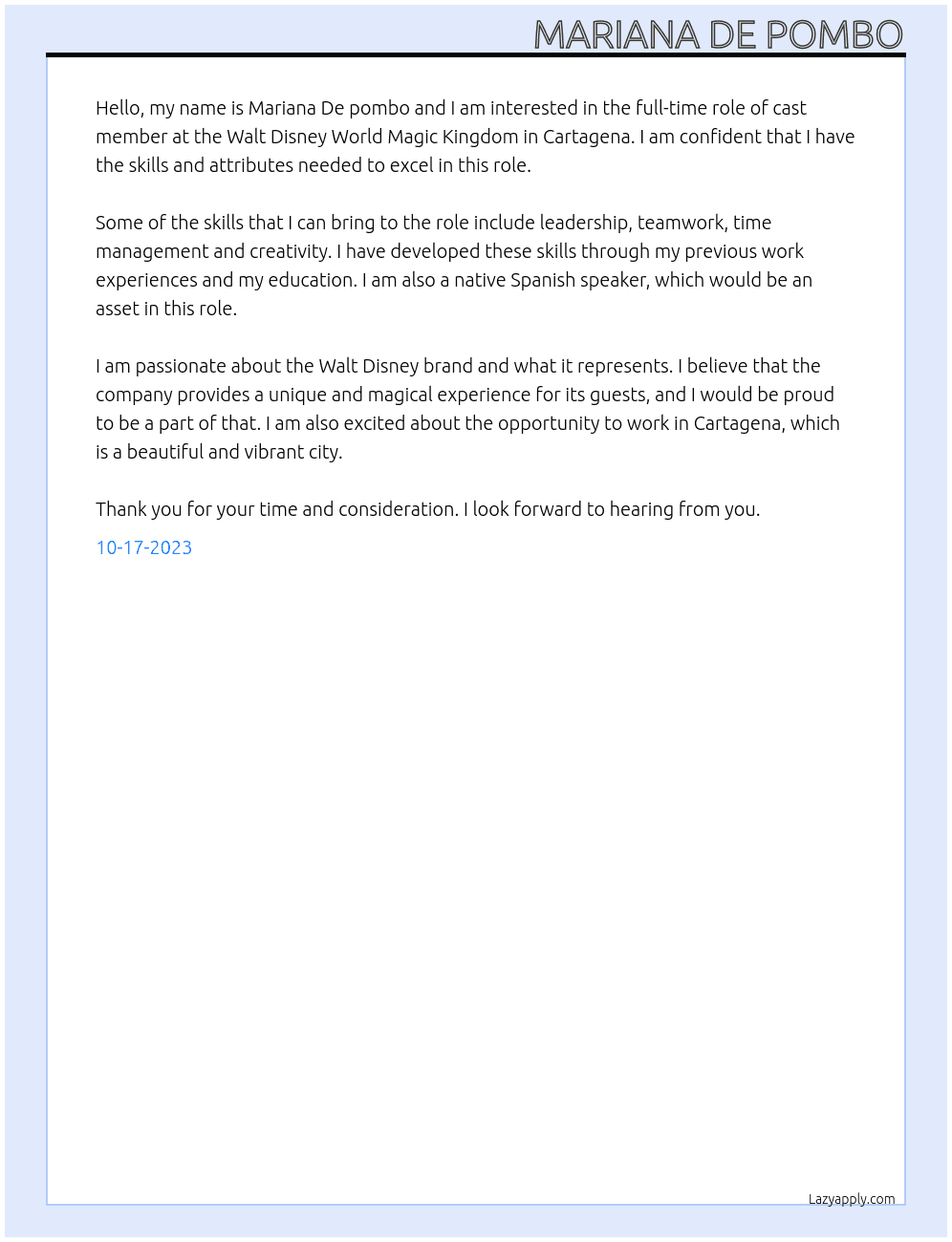 Cast member  At Disney  Cover Letter