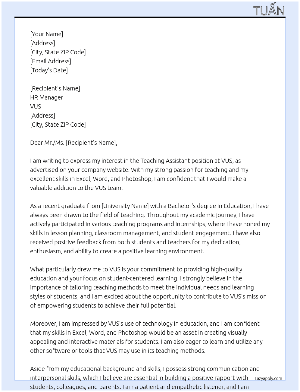 teaching assistant At VUS Cover Letter