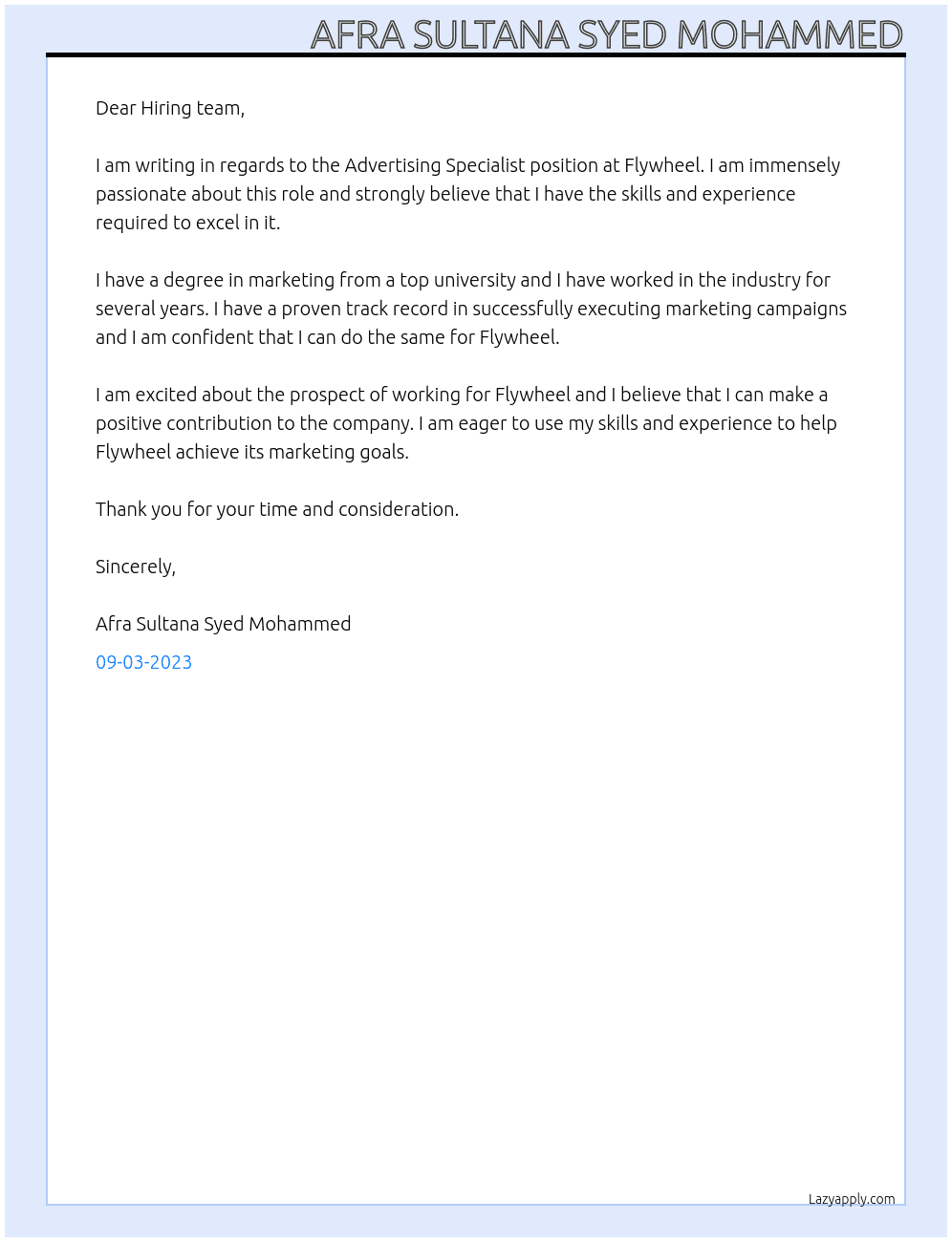 Advertising Specialist At Flywheel Cover Letter