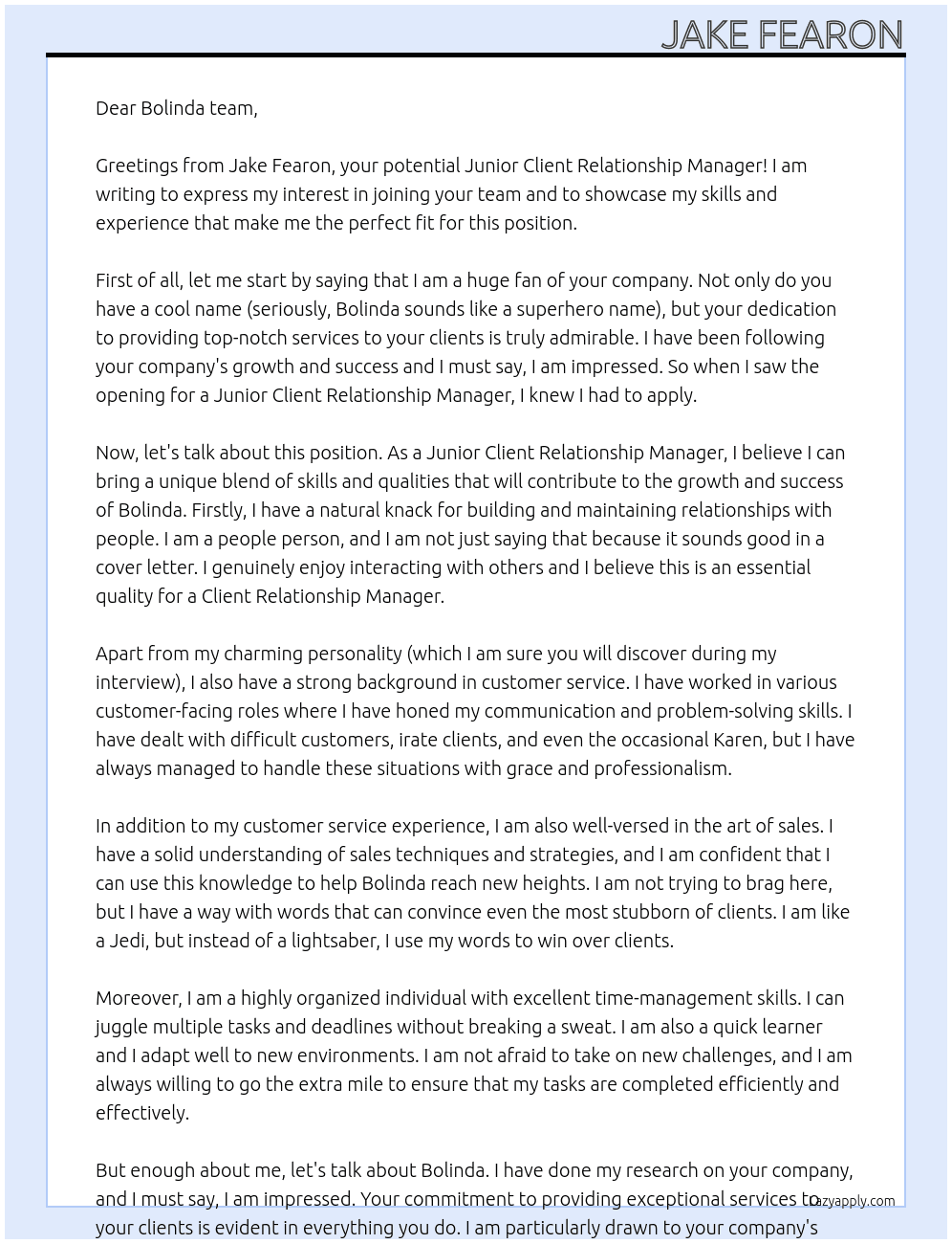 Junior Client Relationship Manager At Bolinda Cover Letter