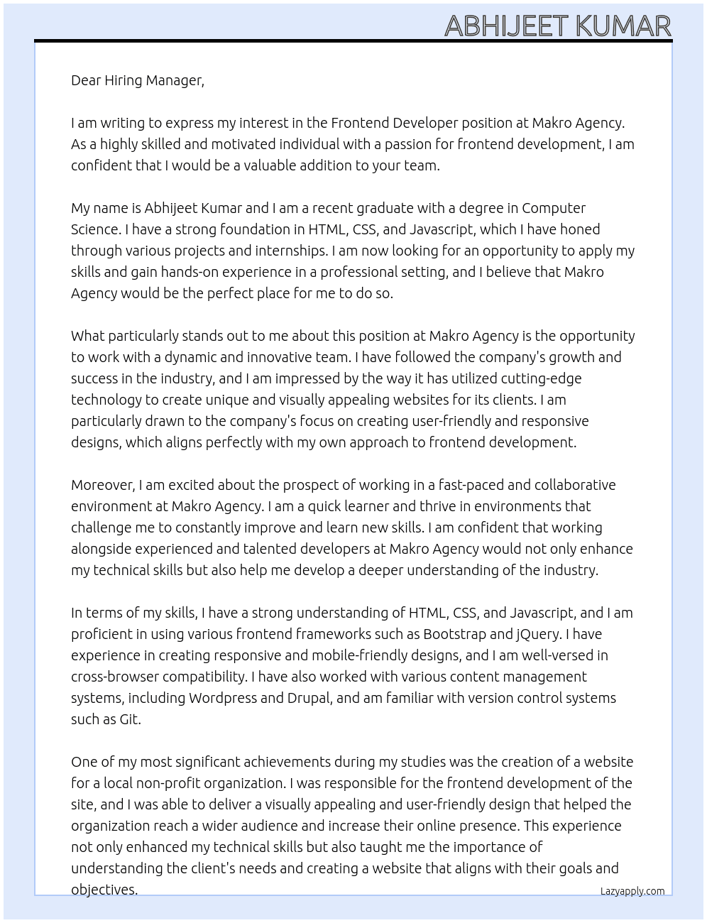 Frontend Developer At Makro Agency Cover Letter