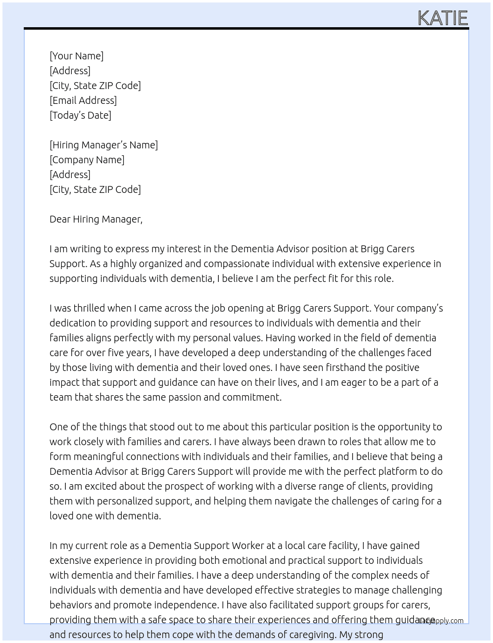 Dementia Advisor At Brigg Carers Support Cover Letter