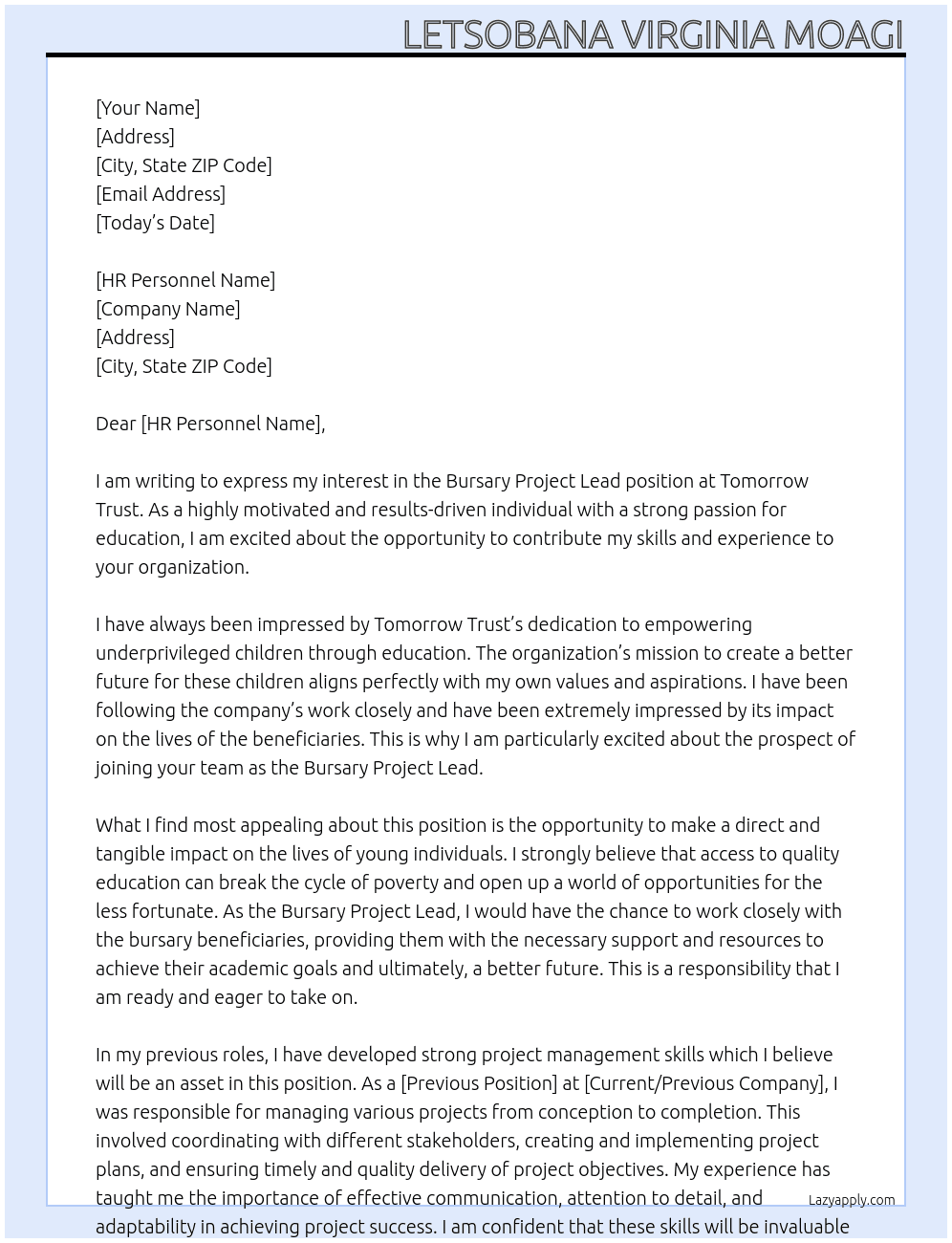 Bursary project lead At Tomorrow Trust Cover Letter
