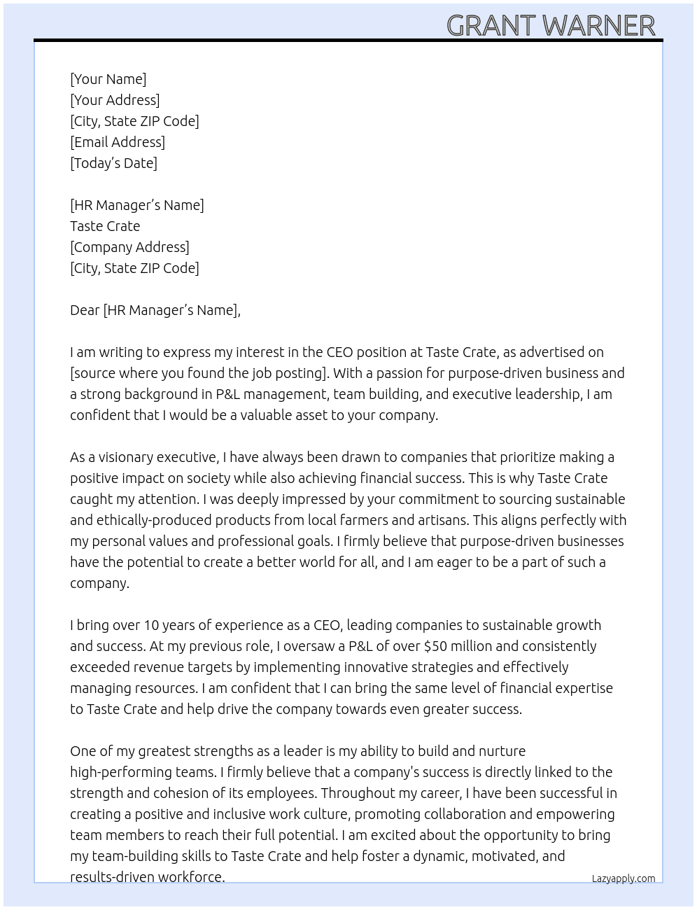 CEO At Taste Crate Cover Letter