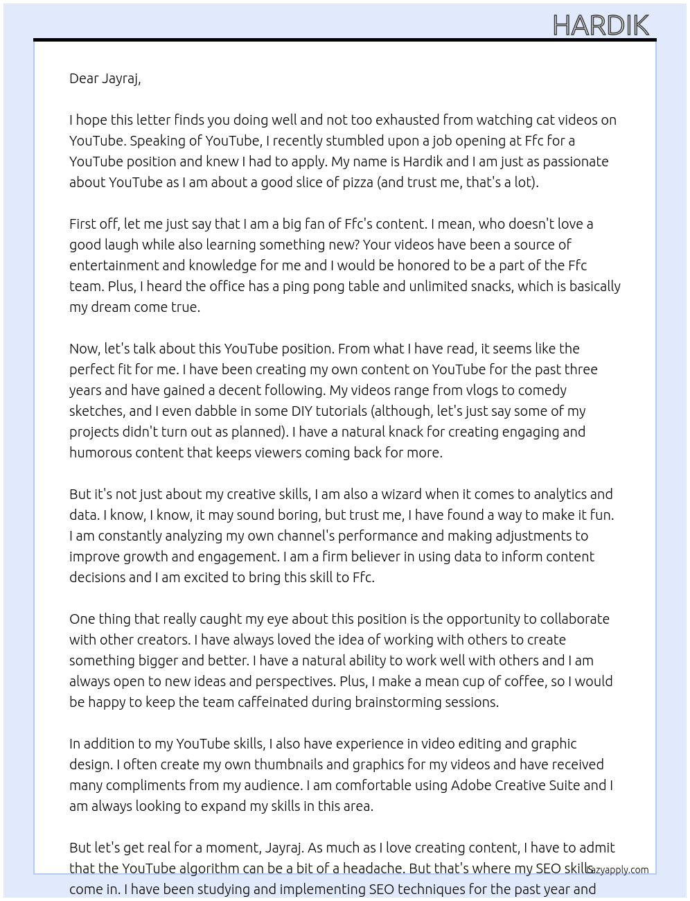 YouTube  At Ffc Cover Letter