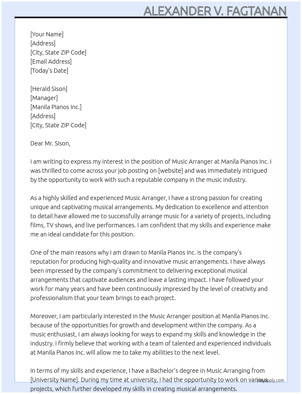Music Arranger At Manila Pianos inc. Cover Letter