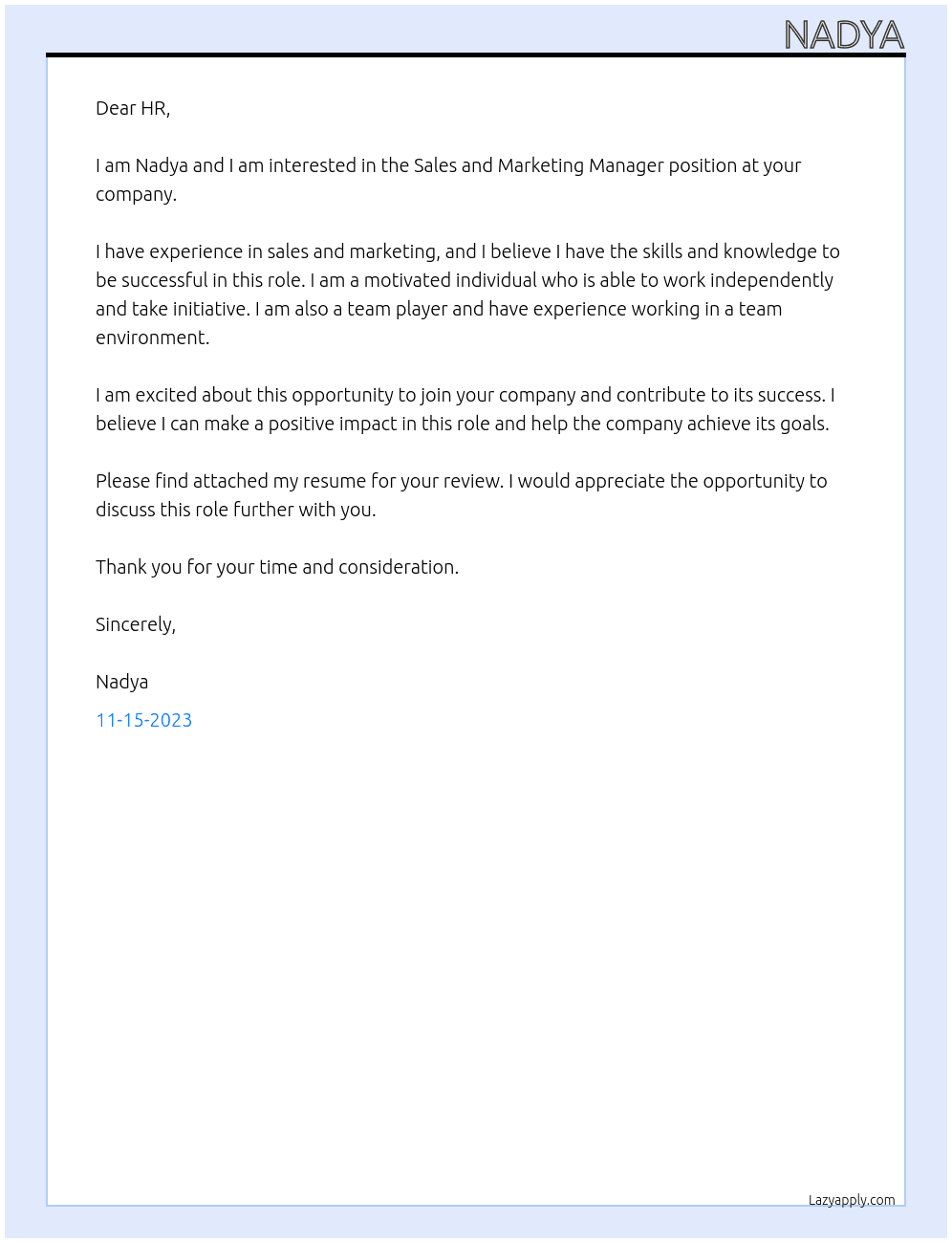 sales and marketing manager At your company Cover Letter