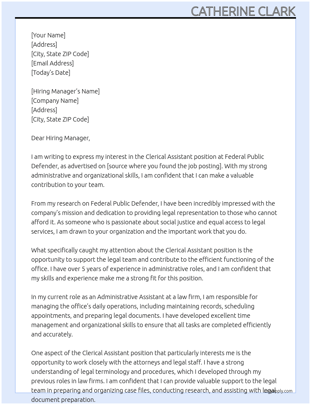 Clerical assistant At Federal Public Defender Cover Letter