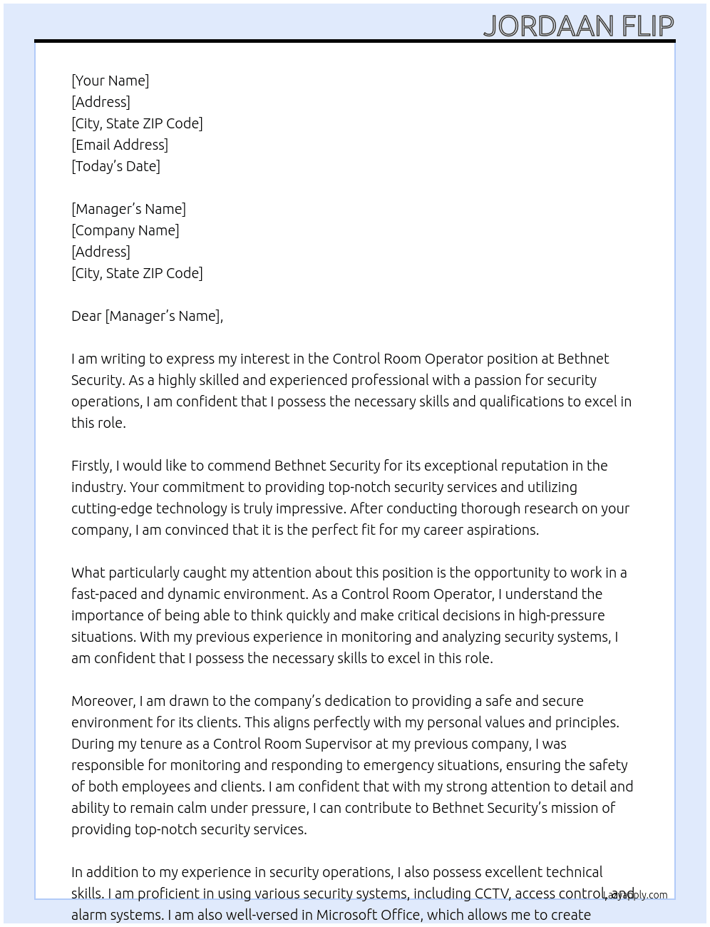 control room operator At Bethnet Security Cover Letter