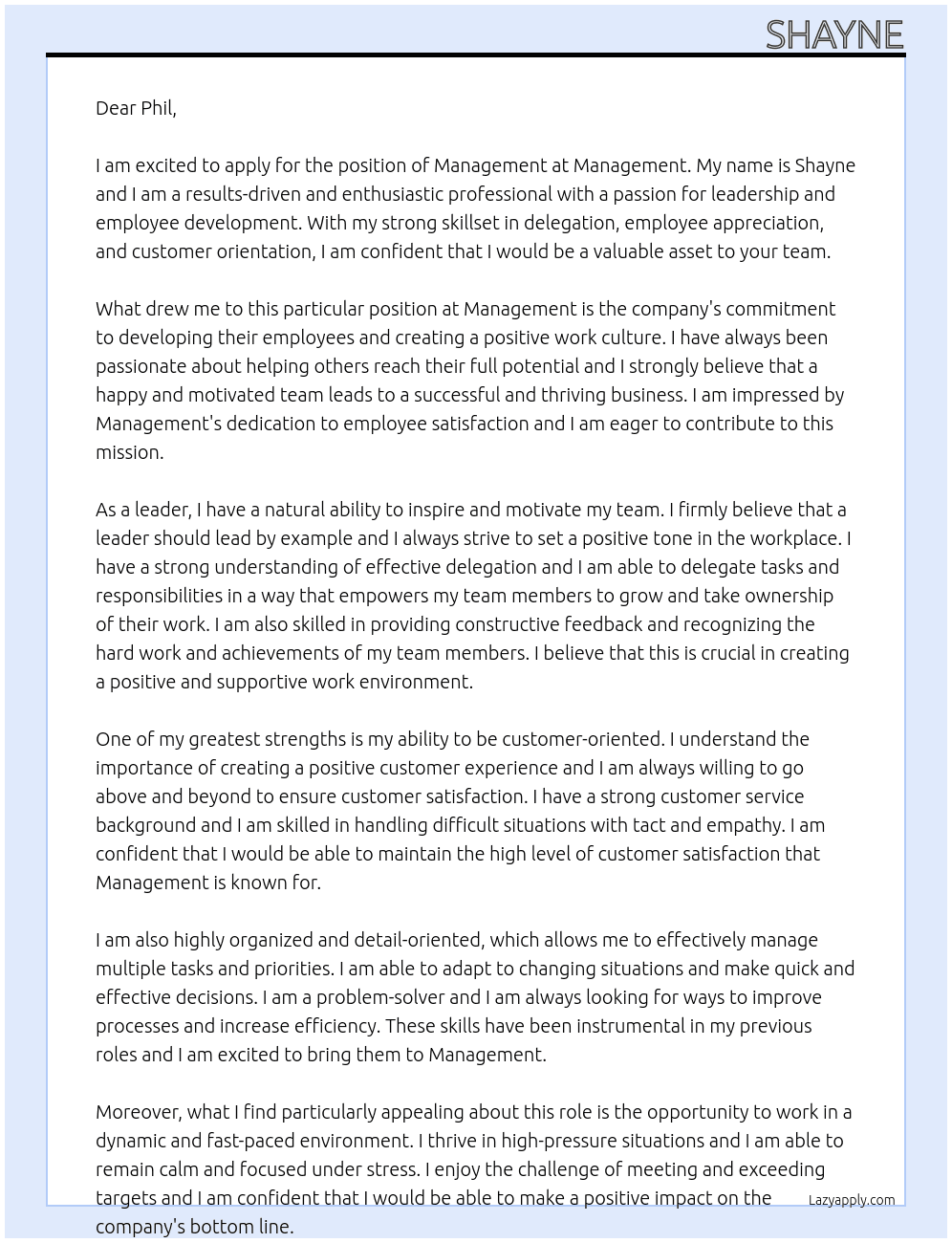 Management  At Managament Cover Letter
