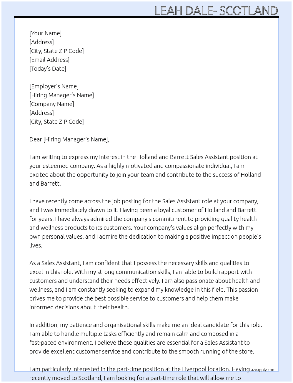 Holland and Barrett Sales Assistant At Holland and Barrett Cover Letter