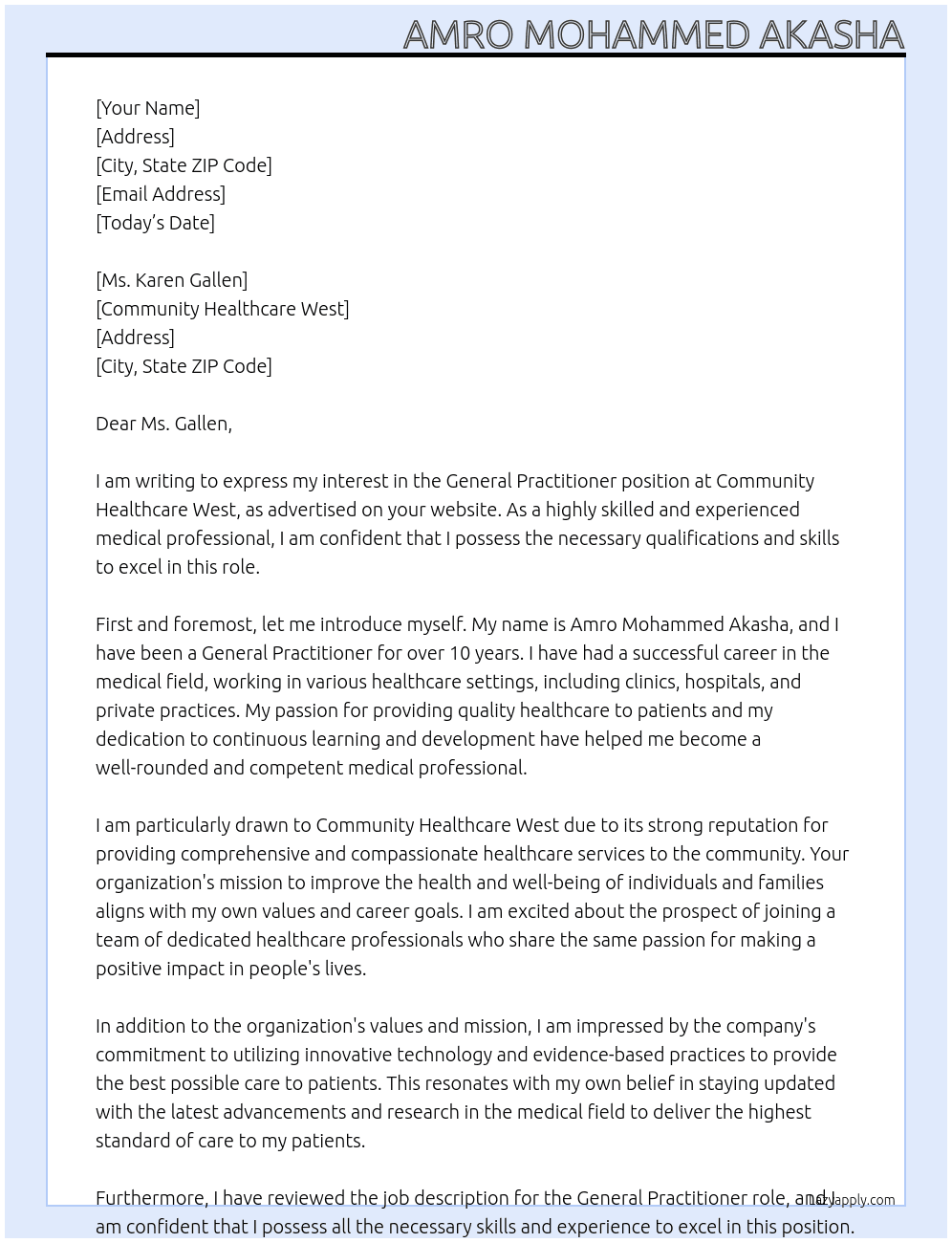 General Practitioner At Community Healthcare West Cover Letter