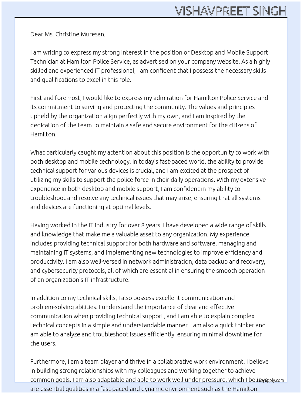 Desktop and Mobile Support Technician At  Hamilton Police Service Cover Letter