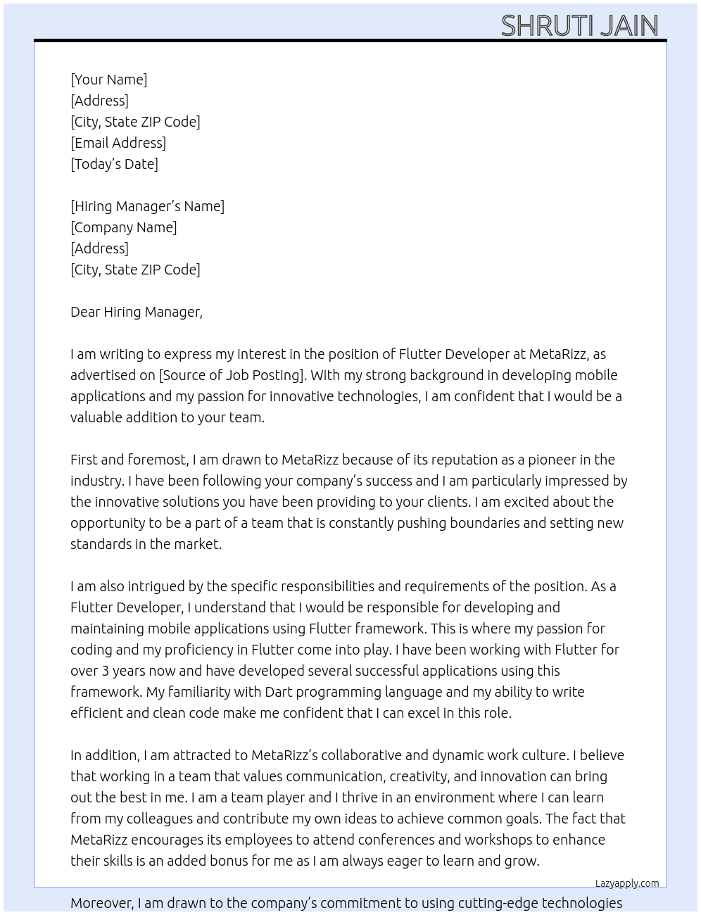 Flutter developer  At MetaRizz Cover Letter