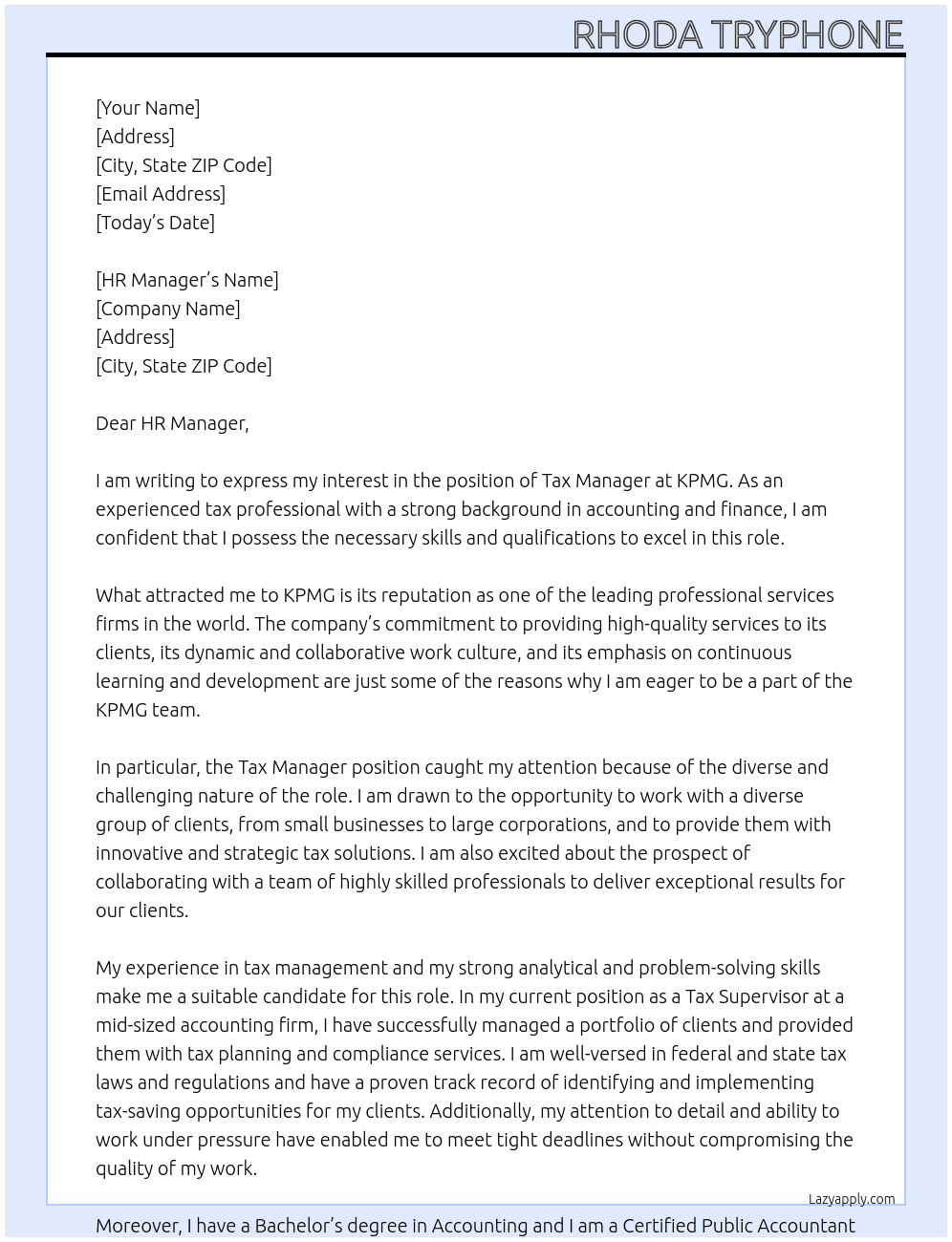 TAX MANAGER At KPMG Cover Letter