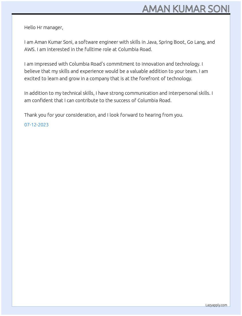 Software Enginner At Columbia Road Cover Letter