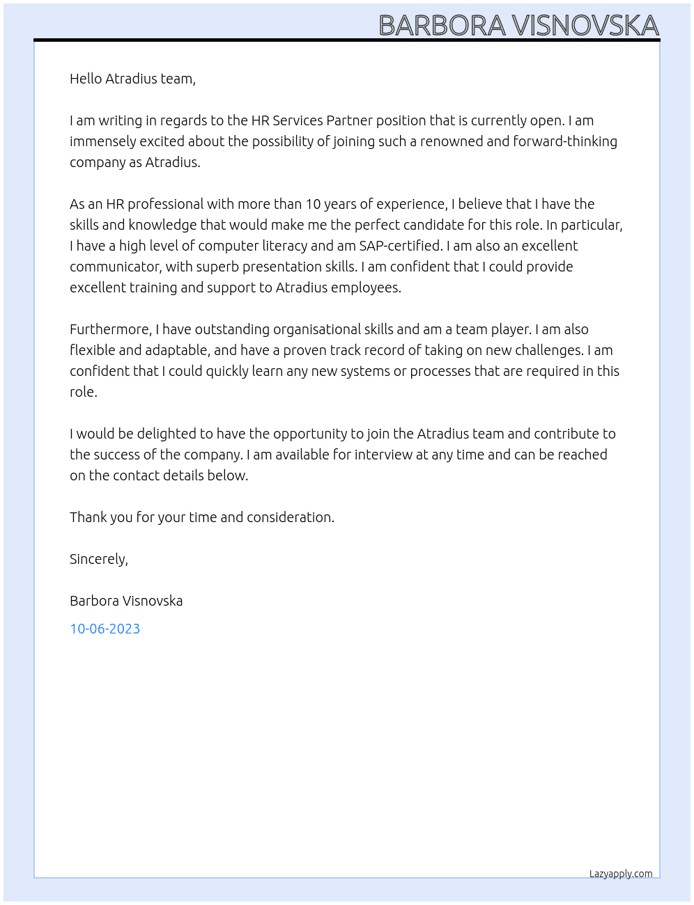 HR Services Partner At Atradius Cover Letter
