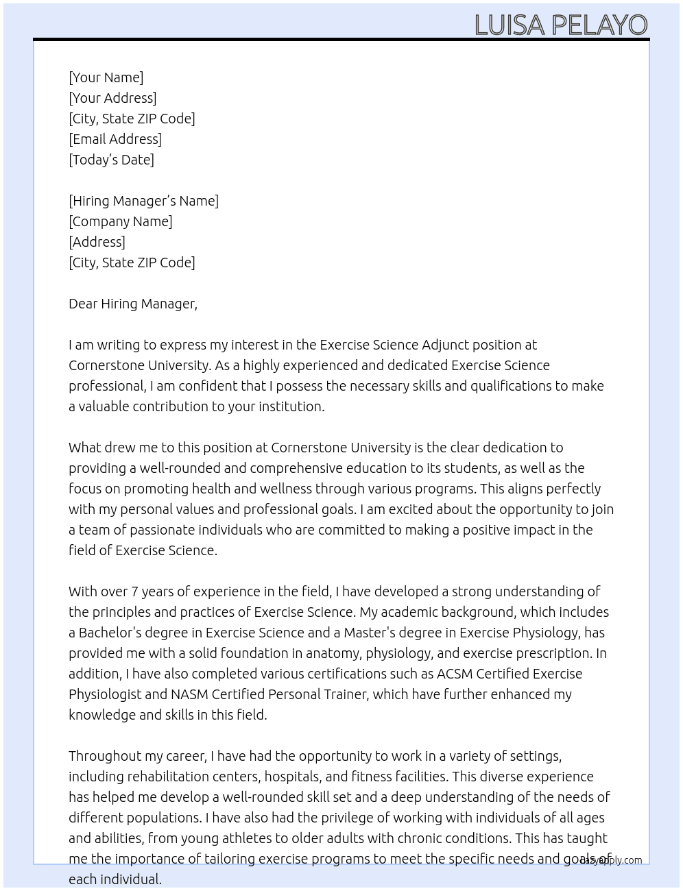 Exercise Science Adjunt At Cornerstone University Cover Letter