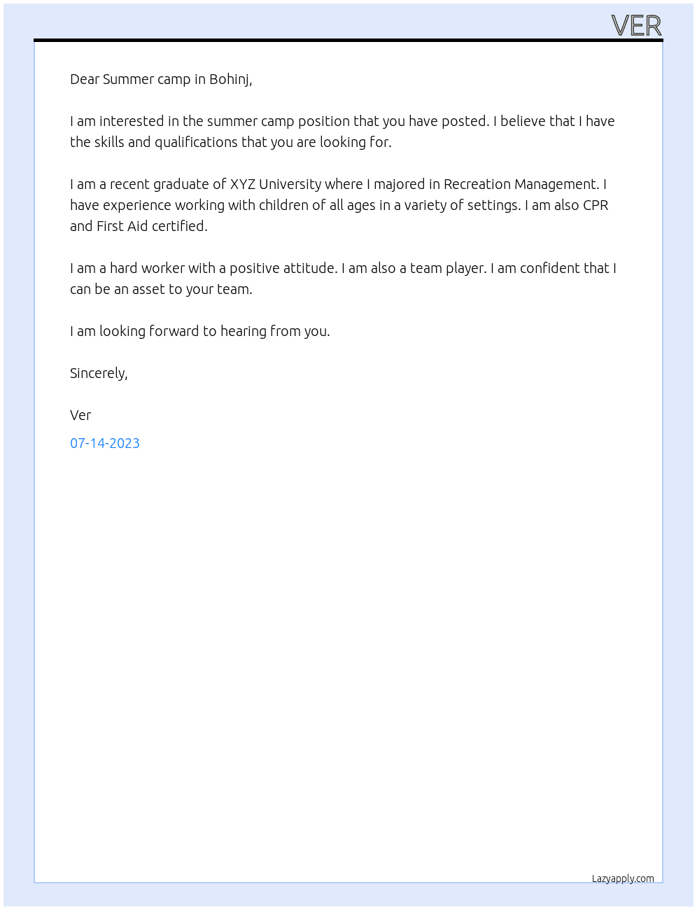 Summer camp At Summer camp in Bohinj Cover Letter