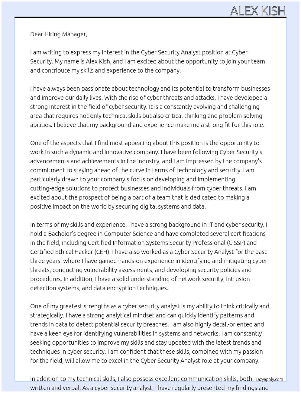 Cyber Security Analyst  At Cyber Security Cover Letter