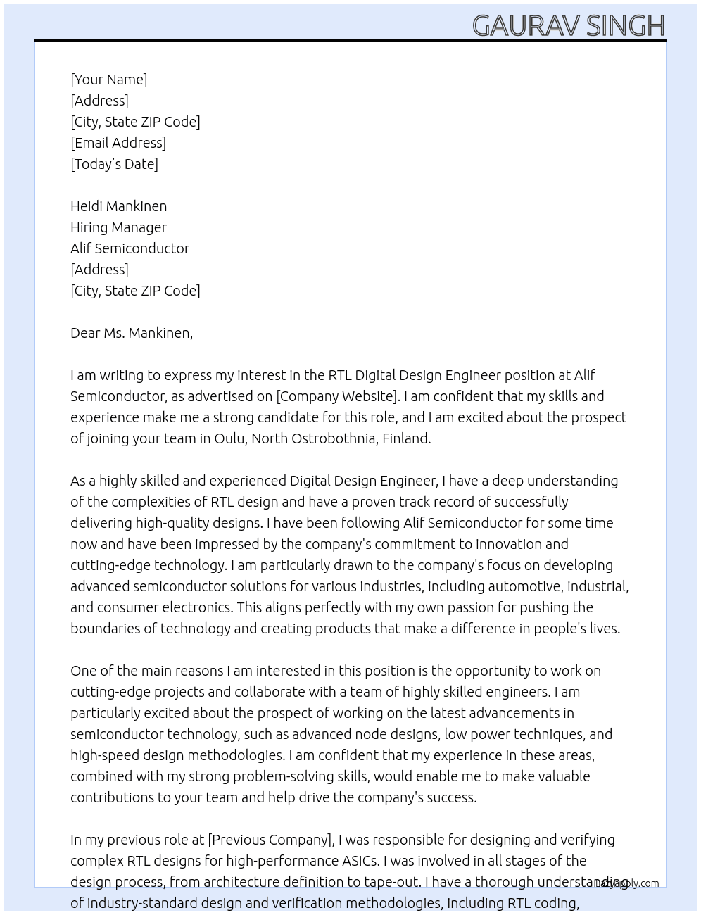 RTL Digital Design Engineer At Alif Semiconductor Cover Letter